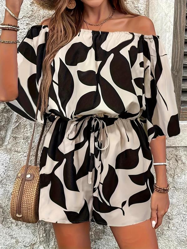 Women's Leaf Print Off Shoulder Wide Leg Romper, Casual Batwing Sleeve Drawstring Romper for Summer, Fashion Women's Clothes for Daily Wear