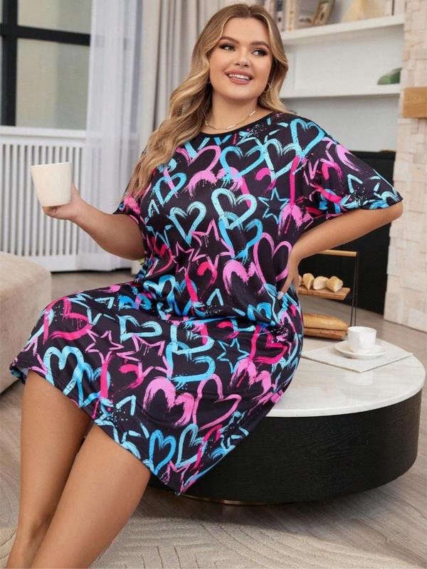 Plus Size Heart & Star Print Drop Shoulder Nightdress, Casual Soft Comfortable Round Neck Short Sleeve Nightgown For Women, Women's Sleepwear For All Seasons