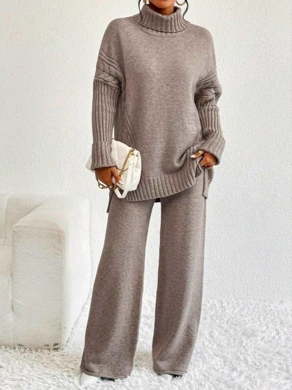 Women's Solid Drop Shoulder High Low Hem Sweater & Wide Leg Pants Two-piece Set, Casual Fashion Cozy Turtle Neck Jumper & Trousers for Daily Outdoor Wear, Women's Knitwear for Fall & Winter