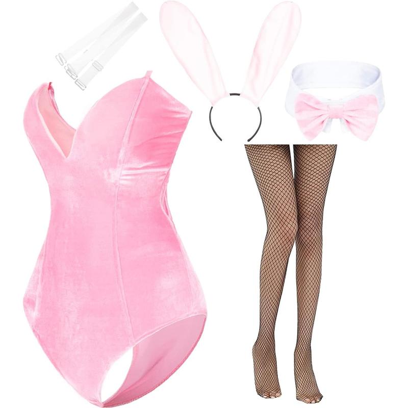 Womens Bunny Costume Girl Suit One count Bodysuit Halloween Cosplay Catsuit Bunny band Stockings Set