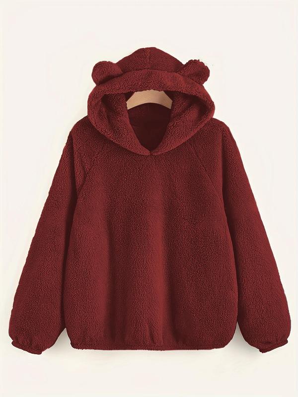  Solid Color Bear Ear Design Hoodie, Cute Raglan Sleeve Hooded Sweatshirt for Fall & Winter, Women's Clothing for Daily Wear