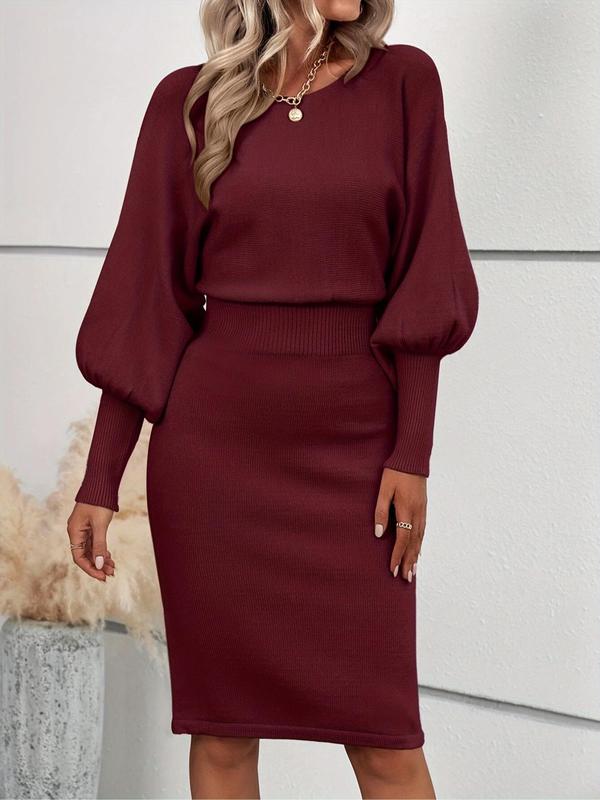 Women's Plain Bishop Sleeve Round Neck Sweater Dress, Casual Long Sleeve Crew Neck Bodycon Dress for Fall & Winter, Women's Knitwear for Daily Wear