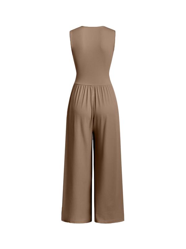 Women's Plain Ruched Deep V Neck Ribbed Jumpsuit, Elegant Sleeveless Wide Leg Jumpsuit for Summer, Minimalist Womenswear, Ladies Clothes for Beach Holiday Vacation