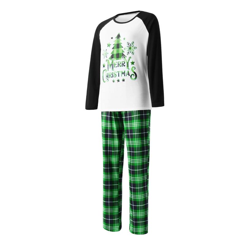 Family Matching Christmas Pajamas Set, Xmas Tree Letter Print Round Neck Long Sleeve Tops Plaid Long Pants for Parents Kids