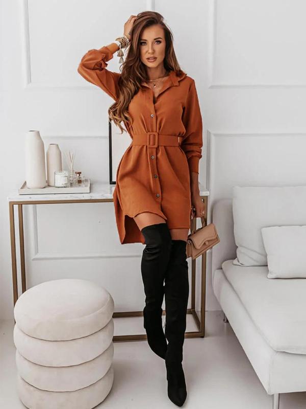 Women's Solid Color Button Front Belted Shirt Dress, Casual Curved Hem Long Sleeve Collared Short Dress for Daily Wear, Ladies Clothes for All Seasons Longsleeves