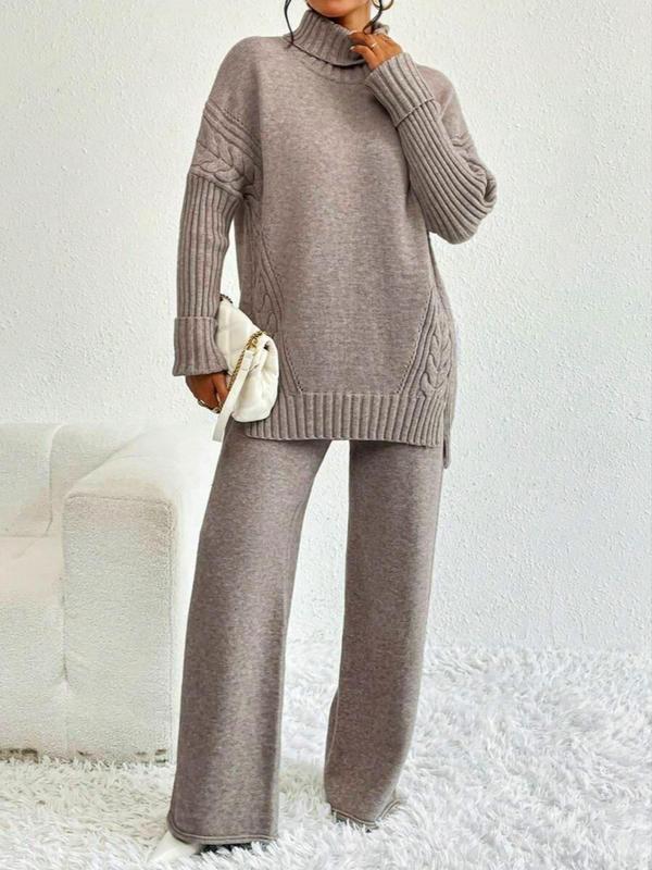 Women's Solid Drop Shoulder High Low Hem Sweater & Wide Leg Pants Two-piece Set, Casual Fashion Cozy Turtle Neck Jumper & Trousers for Daily Outdoor Wear, Women's Knitwear for Fall & Winter