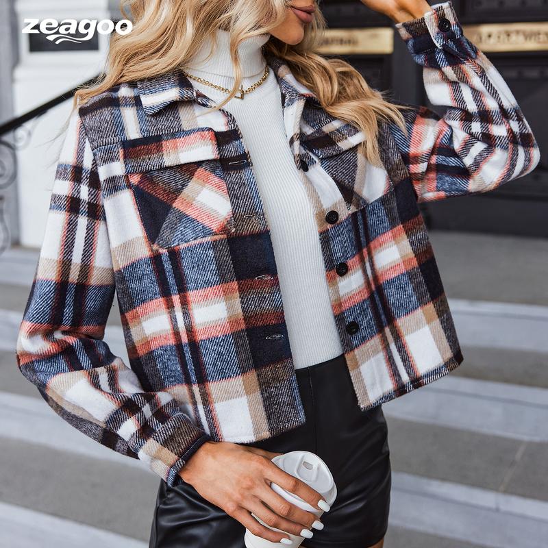 ZEAGOO Womens Cropped Flannels Plaid Jacket Fall  Shirt Coat Button Casual collar basic jackets Black Friday