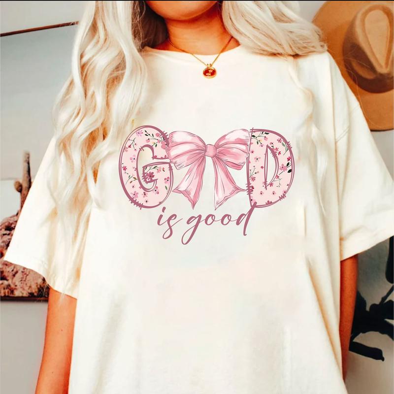 God Is Good Coquette Pink Bow Sweatshirt, Christian Shirts, Bible Verse, Jesus, Christian Apparel, Cotton Round Neck Tee, Full Sizes, Full Colors, Womenswear