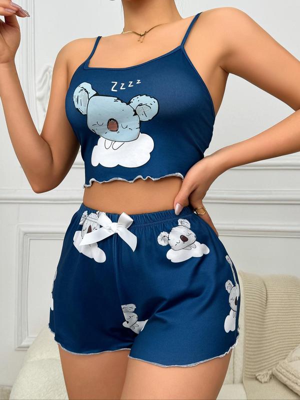 Two-Piece Set Women's Cartoon Animal Print Cami Top & Bow Front Shorts Pyjama Set, Lettuce Trim Backless Camisole & Elastic Waist Shorts PJ Set for Daily Wear, Casual Comfy Sleepwear Set for Women