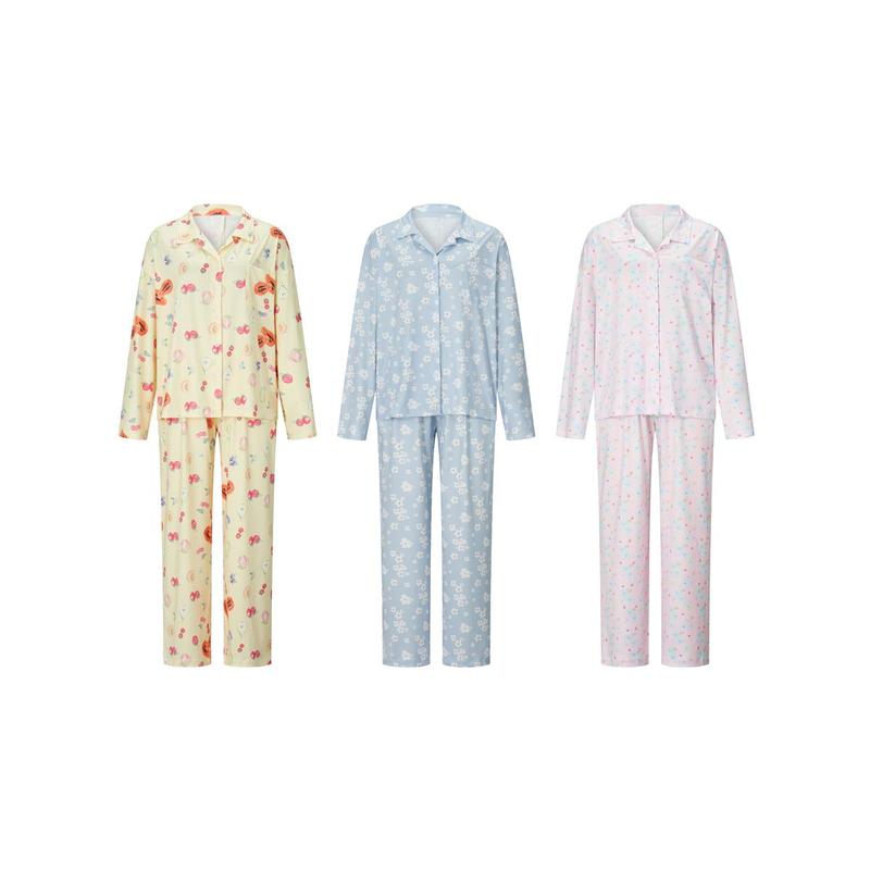 Women Pajamas Lounge Set Strawberry Print Turn-Down Collar Long Sleeve Shirts Tops and Pants Loungewear Outfits, Womenswear Check Light Polyester