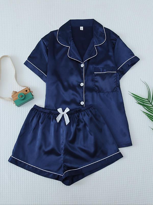 Two-Piece Set Women's Contrast Binding Lapel Pocket Shirt & Elastic Waist Shorts Satin Pyjama Set, Button Front Short Sleeve Top & Bow Decor Shorts PJ Set, Summer Sleepwear Set, Birthday Gifts