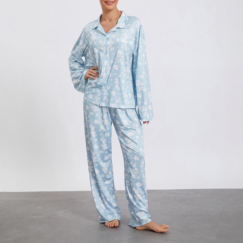 Women Pajamas Lounge Set Strawberry Print Turn-Down Collar Long Sleeve Shirts Tops and Pants Loungewear Outfits, Womenswear Check Light Polyester