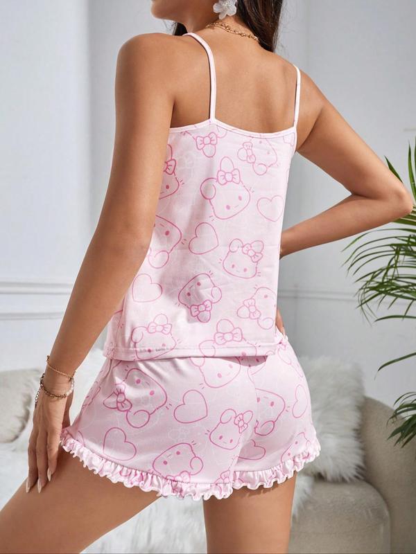 Two-piece Set Women's Cartoon Print Bow Decor Cami Top & Shorts Pajama Set, Cute Frill Trim Camisole & Shorts Pj Set, Women's Sleepwear for All Seasons