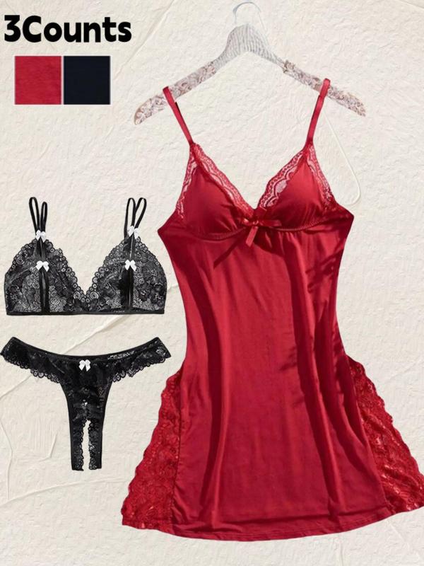 Three-piece Set Women's Solid Contrast Lace Cami Nightdress & Bow Decor Sheer Open Crotch Thong & Bra Set, Adjustable Spaghetti Strap Split Nightgown & Panty & Bra Set, Ladies Mixed Pajama Set for All Seasons