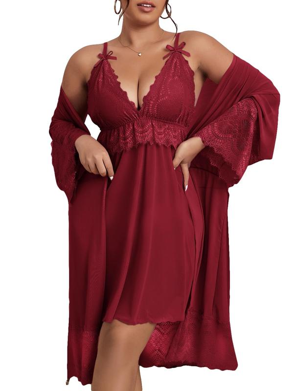 Lingerie Set for Plus Size Women Valentine's Day Gift Nightgown Lace Dress with Belted Robe 2 Piece sleep dress Womenswear