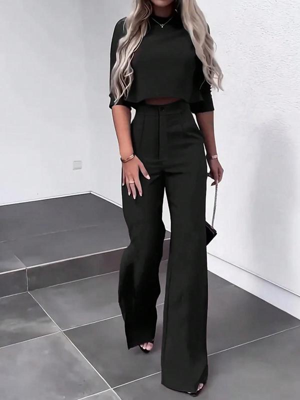 Women's Solid Color Button Mock Neck Crop Top & Wide Leg Pants Two-piece Set, Elegant Fashion Casual Top & Trousers for Daily Outdoor Wear, Women's Clothing for Fall