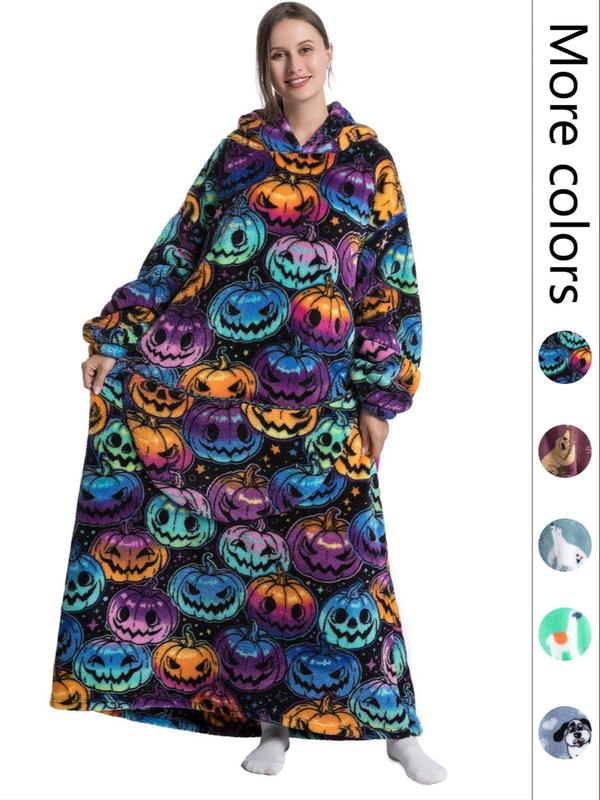 Women's Hooded Flannel Lounge Robe, Soft Warm Comfortable Halloween Pumpkin Print Giant Wearable Blanket Fluffy Pajamas, Sleepwear for Women,   Casual Loose Long Sleeve Pocket Design Bathrobe, Blanket Hoodie,fluffy Pajamas