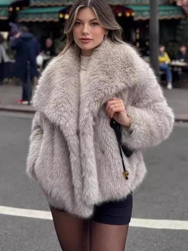 Women's Solid Color Faux Fur Fuzzy Jacket, Casual Long Sleeve Collared Fuzzy Coat for Fall & Winter, Women's Clothing for Daily Wear Outerwear