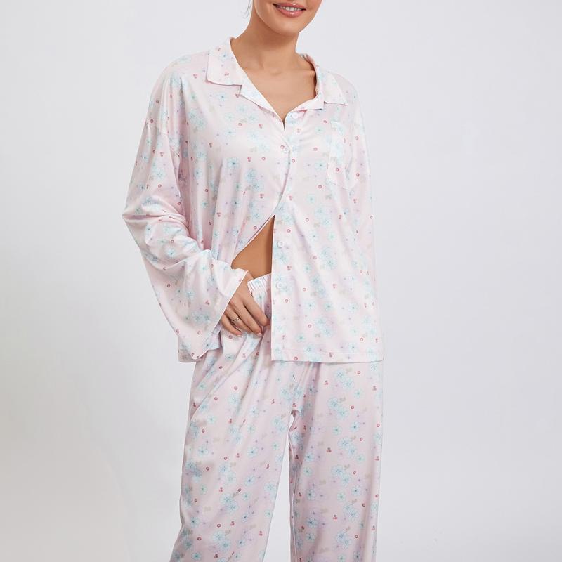 Women Pajamas Lounge Set Strawberry Print Turn-Down Collar Long Sleeve Shirts Tops and Pants Loungewear Outfits, Womenswear Check Light Polyester