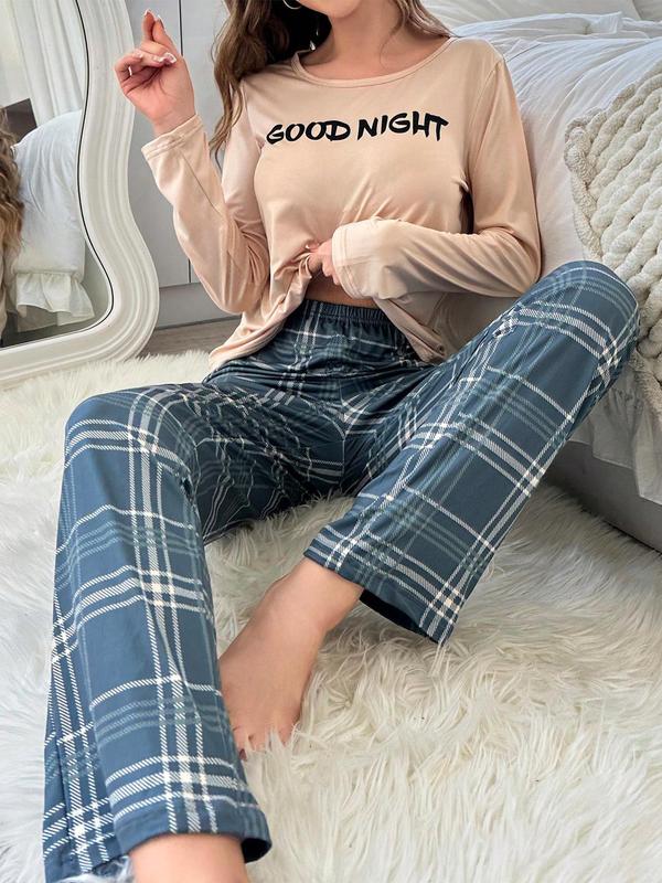 Two-Piece Set Women's Plaid Letter Print Tee & Pants Pyjama, Casual Comfy Round Neck Long Sleeve Top & Trousers PJ Set, Women's Sleepwear for Spring & Fall