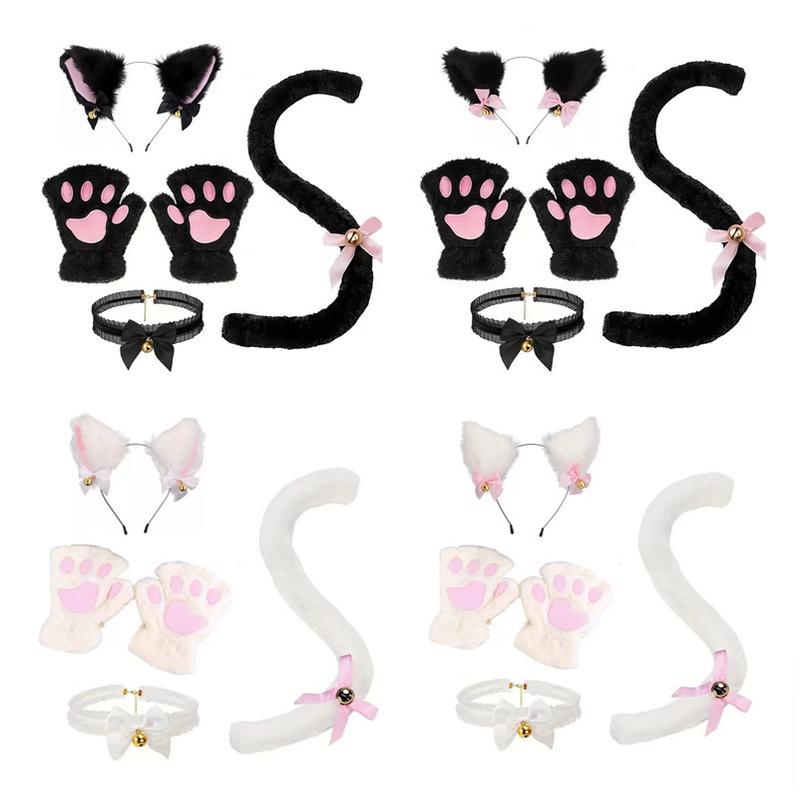 Cat Cosplay Costume Set with Bell, 4-Piece Animal Role Play Accessories Kit - Black Cat Ears Headband, Paw Gloves, Tail, Collar - Polyester Party Dress Up Props for Themed Events