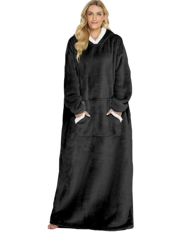 Women's Plus Size Plain Drop Shoulder Flannel Hooded Robe with Pockets, Casual Long Sleeve Wearable Blanket Loungewear for Women, Women's Bedroom Sleepwear for Fall & Winter, Fall Wear, Fallfreshness