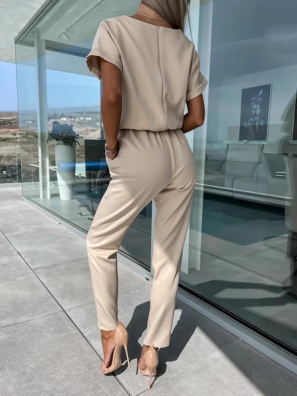 Women's Solid Belted Jumpsuit, Elegant Batwing Sleeve Pocket Jumpsuit for Summer, Fashion Women's Clothes for Daily Wear