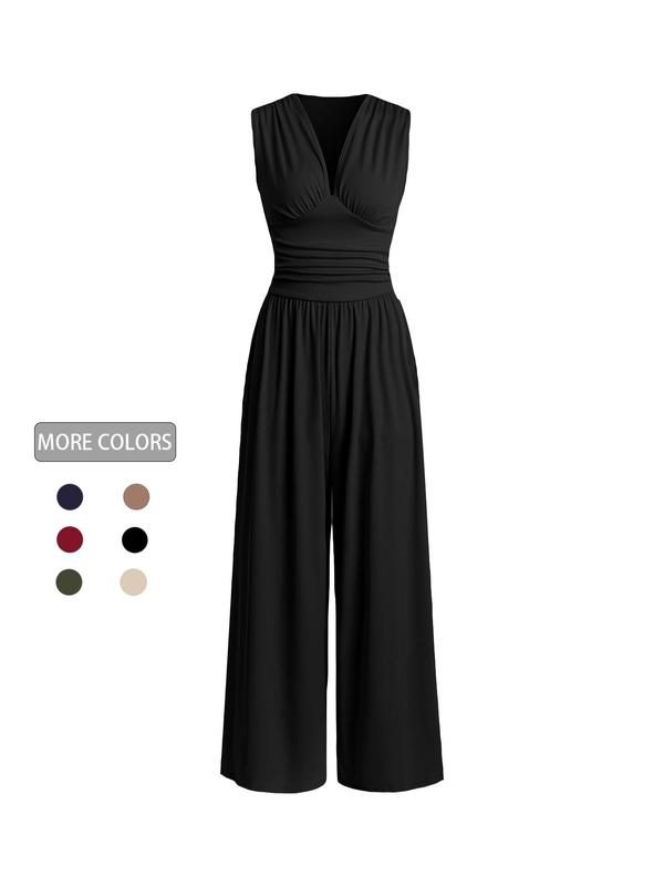 Women's Plain Ruched Deep V Neck Ribbed Jumpsuit, Elegant Sleeveless Wide Leg Jumpsuit for Summer, Minimalist Womenswear, Ladies Clothes for Beach Holiday Vacation