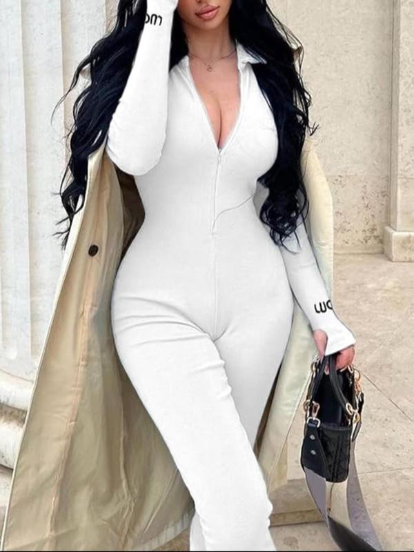 Women's Letter Print Zip Up Mock Neck Long Sleeves Jumpsuit, Casual Streetwear Longsleeves Ribbed Bodycon Jumpsuit for Women for Spring & Fall,   for Daily Wear