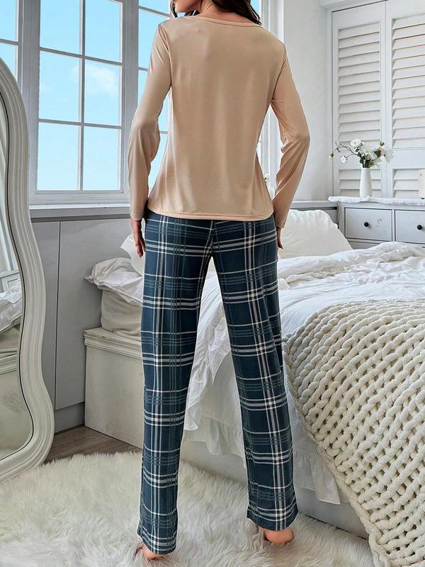 Two-Piece Set Women's Plaid Letter Print Tee & Pants Pyjama, Casual Comfy Round Neck Long Sleeve Top & Trousers PJ Set, Women's Sleepwear for Spring & Fall