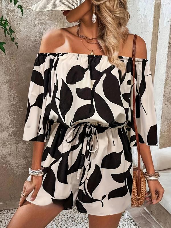 Women's Leaf Print Off Shoulder Wide Leg Romper, Casual Batwing Sleeve Drawstring Romper for Summer, Fashion Women's Clothes for Daily Wear