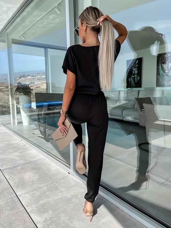 Women's Solid Belted Jumpsuit, Elegant Batwing Sleeve Pocket Jumpsuit for Summer, Fashion Women's Clothes for Daily Wear