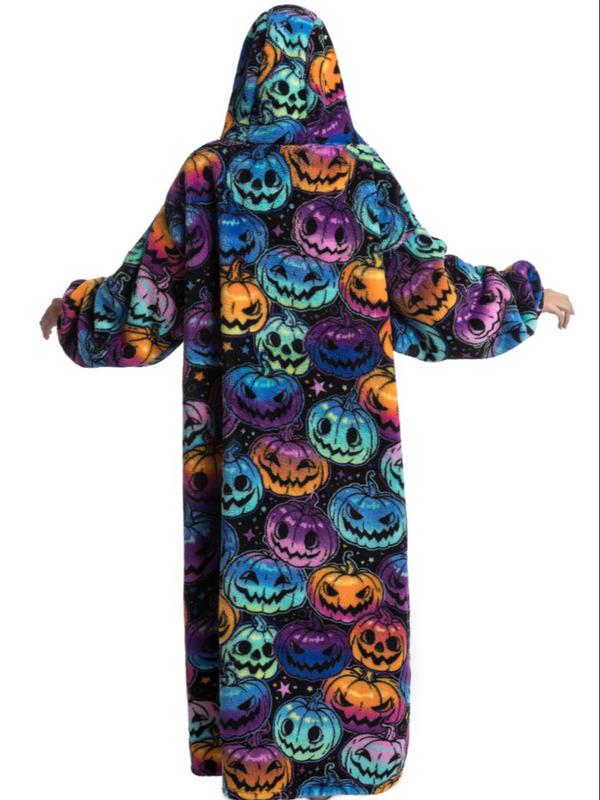 Women's Hooded Flannel Lounge Robe, Soft Warm Comfortable Halloween Pumpkin Print Giant Wearable Blanket Fluffy Pajamas, Sleepwear for Women,   Casual Loose Long Sleeve Pocket Design Bathrobe, Blanket Hoodie,fluffy Pajamas