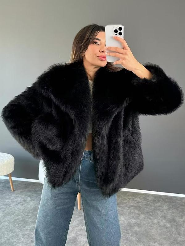 Women's Solid Color Faux Fur Fuzzy Jacket, Casual Long Sleeve Collared Fuzzy Coat for Fall & Winter, Women's Clothing for Daily Wear Outerwear