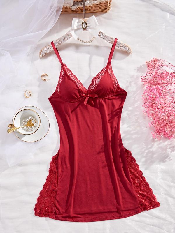 Three-piece Set Women's Solid Contrast Lace Cami Nightdress & Bow Decor Sheer Open Crotch Thong & Bra Set, Adjustable Spaghetti Strap Split Nightgown & Panty & Bra Set, Ladies Mixed Pajama Set for All Seasons