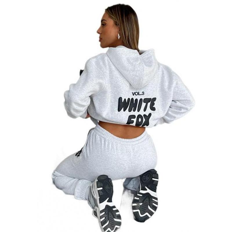 Women's Two Piece Fashion Printed Letter Whitefox Sport Fleece Jacket Long Sleeve Pullover Hoodie Top Casual Sweatpants Warm Suit