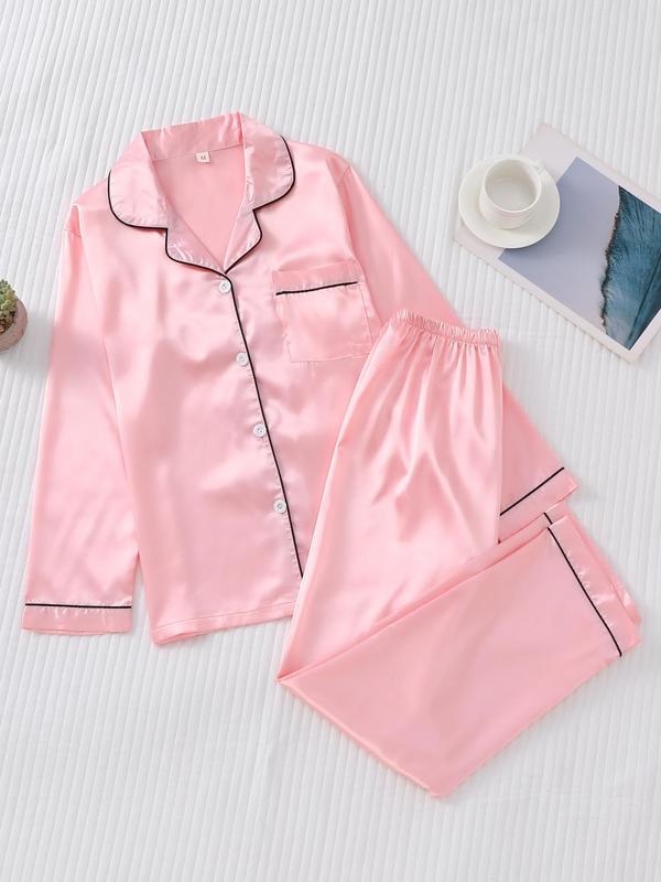 Women's 2pcs Solid Contrast Binding Satin Pyjama Set, Casual Comfortable Lapel Collar Long Sleeve Button Front Shirt & Elastic Waist Pants Loungewear Set, Women's Sleepwear Set for Spring & Fall