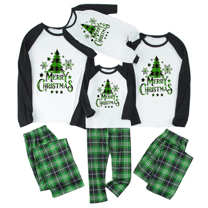 Family Matching Christmas Pajamas Set, Xmas Tree Letter Print Round Neck Long Sleeve Tops Plaid Long Pants for Parents Kids