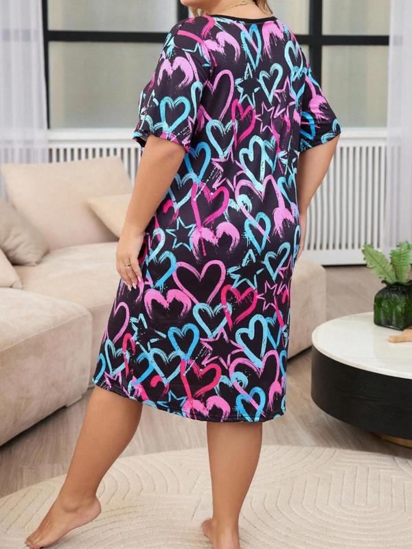 Plus Size Heart & Star Print Drop Shoulder Nightdress, Casual Soft Comfortable Round Neck Short Sleeve Nightgown For Women, Women's Sleepwear For All Seasons