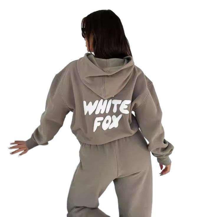 Women's Two Piece Fashion Printed Letter Whitefox Sport Fleece Jacket Long Sleeve Pullover Hoodie Top Casual Sweatpants Warm Suit