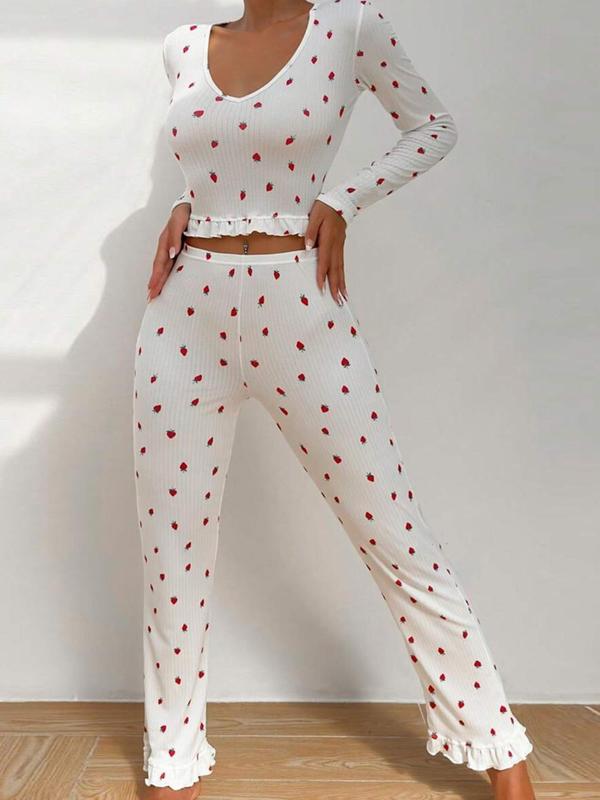 Two-Piece Set Women's Strawberry Print Ruffle Hem Pyjama, Casual Comfy V Neck Long Sleeve Top & Pants PJ Set, Women's Sleepwear for Spring & Fall