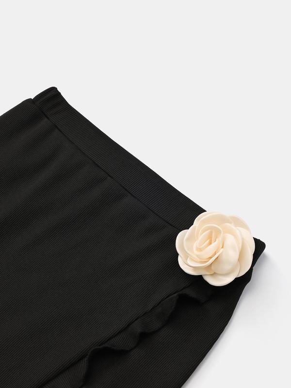 YOZY Women's Plain 3D Flower Decor Split Thigh Pencil Skirt, Elegant Fashion Casual Long Skirt for Daily Outdoor Wear, Women Bottoms for All Seasons