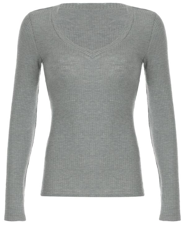 Women's Solid Ribbed V Neck Long Sleeve Stretch Top, Casual Slim-fitting Knit Top for Fall, Women's Knitwear for Daily Wear