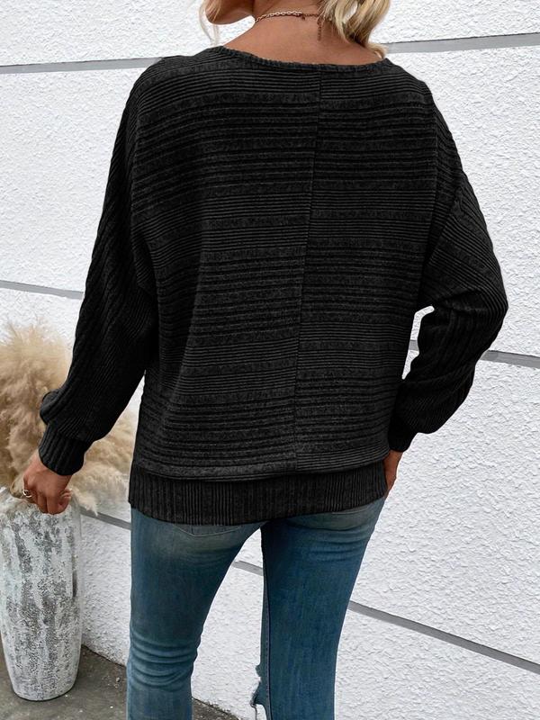 Women's Plain Ribbed Batwing Sleeve Boat Neck Sweater, Casual Long Sleeve Jumper for Spring & Fall, Fashion Women's Knitwear for Daily Wear