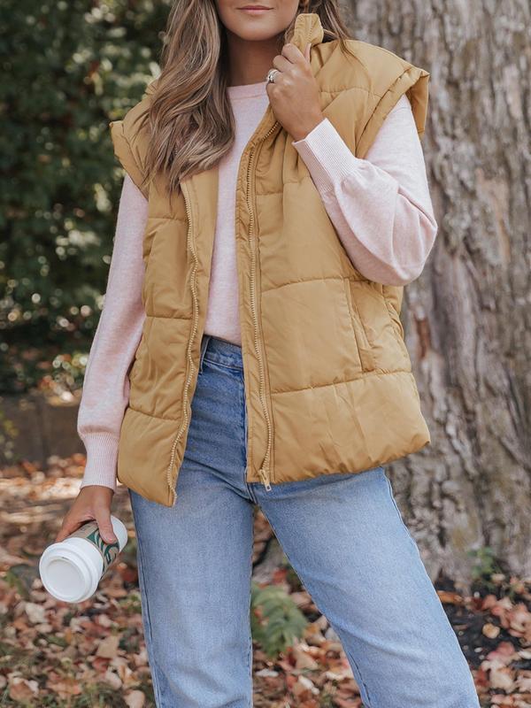 Women's Solid Color Zip Up Vest Jacket, Casual Sleeveless Open Front Outerwear for Fall & Winter, Ladies Clothes for Daily Wear