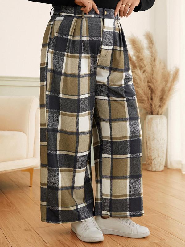 CURVZY Plus Size Plaid Print Button Pocket Wide Leg Pants, Casual Comfy Trousers for Daily Wear, Women's Bottoms for All Seasons