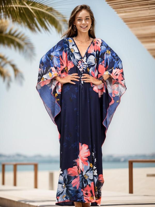 Plus Size All Over Print Batwing Sleeve Kaftan Dress, Boho V Neck Split Cover Up Dress for Beach Holiday, Muumuu Dress, Dresses for Women, Women's Clothes for Daily Wear