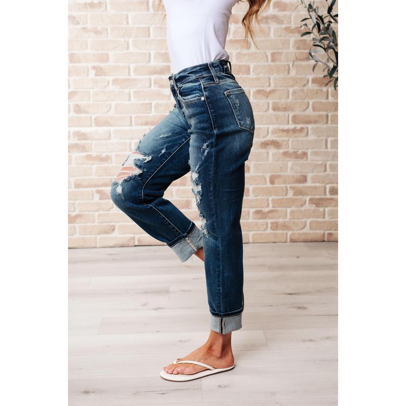 Judy Blue Mid Rise Cuffed Destroyed Boyfriend Jeans 82427 Stretchy Denim (Reg & Curvy) can be uncuffed - Please Size down 1 from street size - run generously