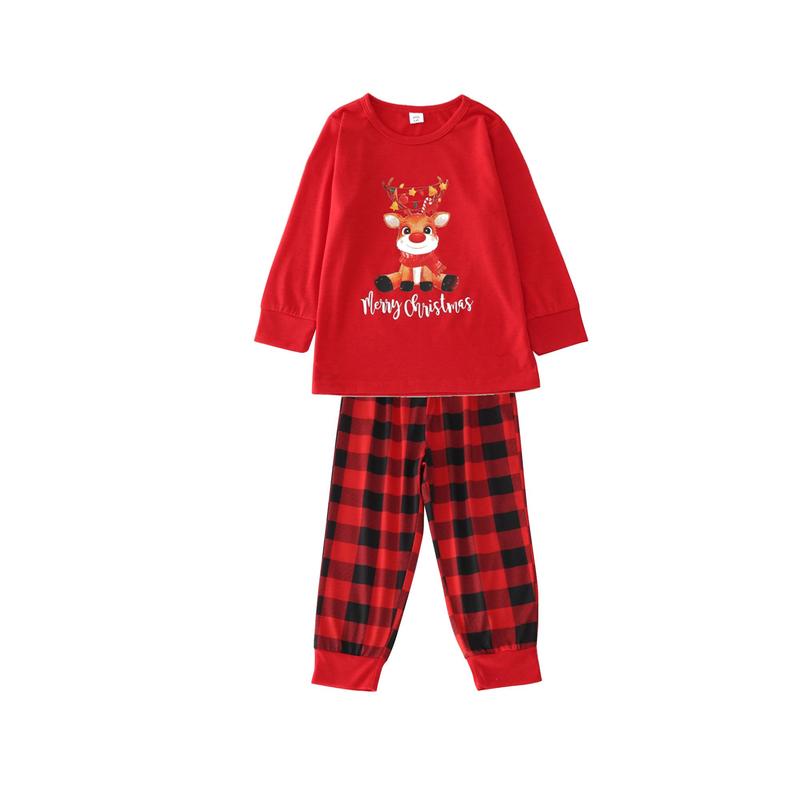 Red Christmas Parent-child Nightwear Set, Red Plaid and Letters Printed Pattern Long Sleeve Tops and Pants