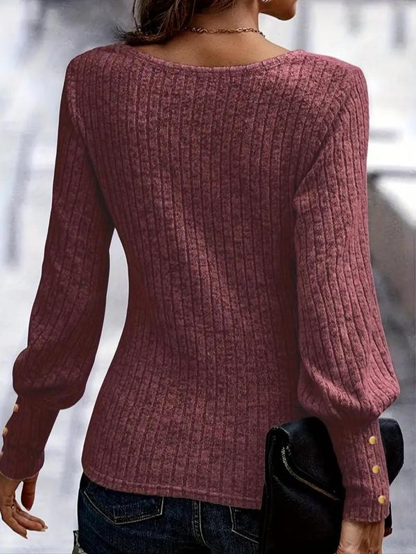 Women's Plain Ribbed Button Decor Bishop Sleeve T-shirt, Casual Long Sleeve Scoop Neck Top for Spring & Fall, Fashion Women's Knitwear for Daily Wear